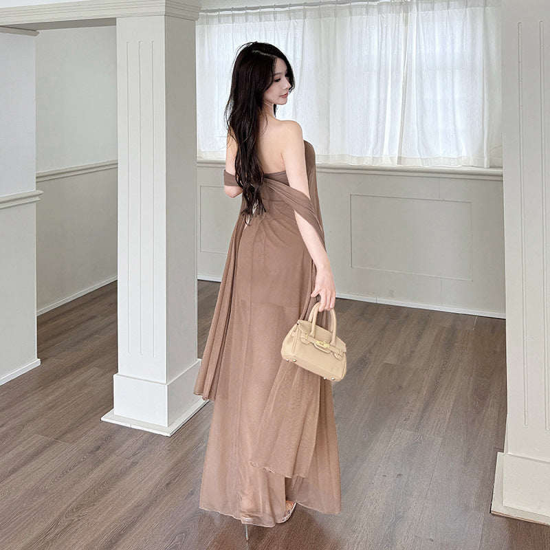 Twist One-Shoulder Maxi Dress – Brown