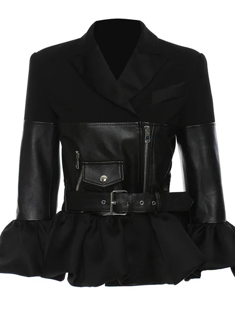 Women's Chic Belted PU Leather Cropped Jacket