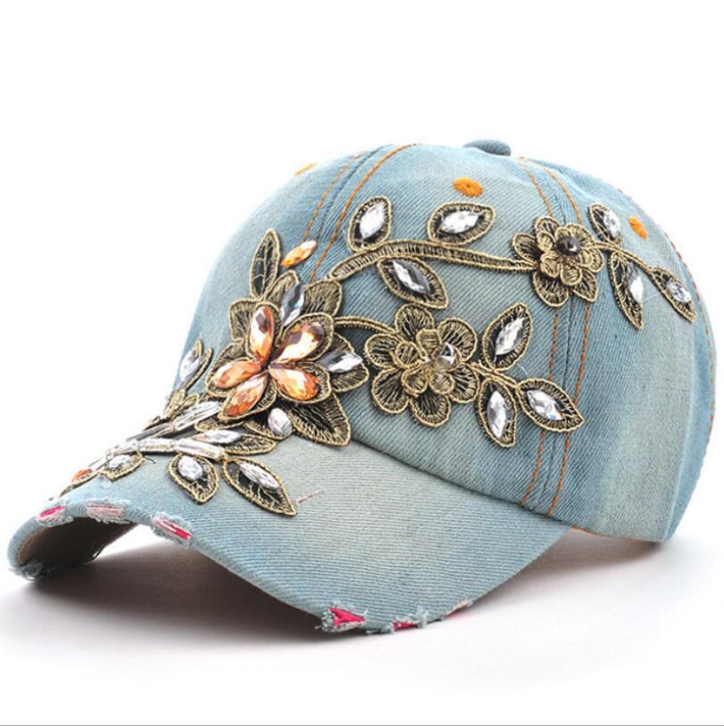 Women's Rhinestone Flower Denim Baseball Cap