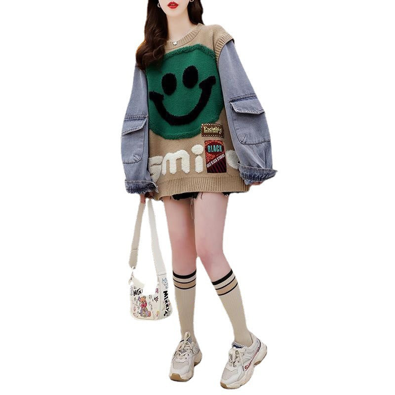 Smile Denim Sleeve Patchwork Sweater