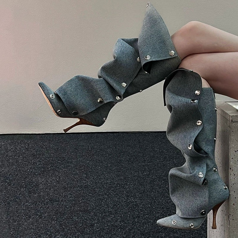 Studded Pleated Cowboy Knee-High Boots