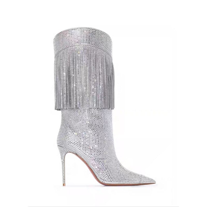 Black Rhinestone Tassel Suede Stiletto Boots