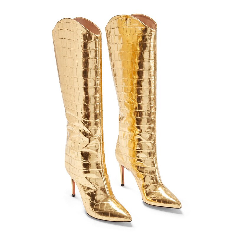 Gold Pointed Toe Stiletto Boots
