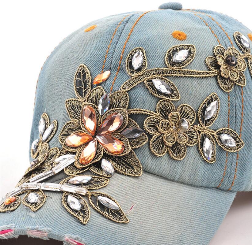 Women's Rhinestone Flower Denim Baseball Cap