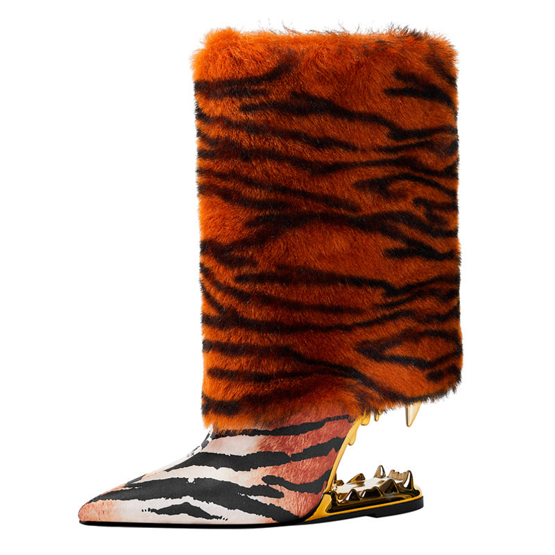 Tiger Print Faux Fur Mid-Calf Boots