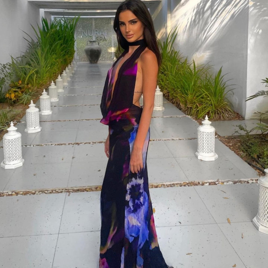 Midnight Bloom Backless Maxi Dress
