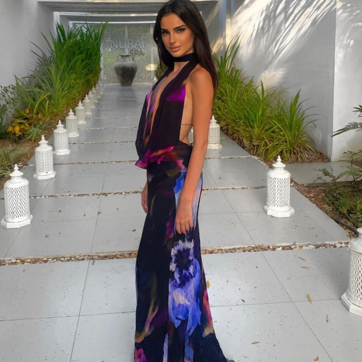Midnight Bloom Backless Maxi Dress