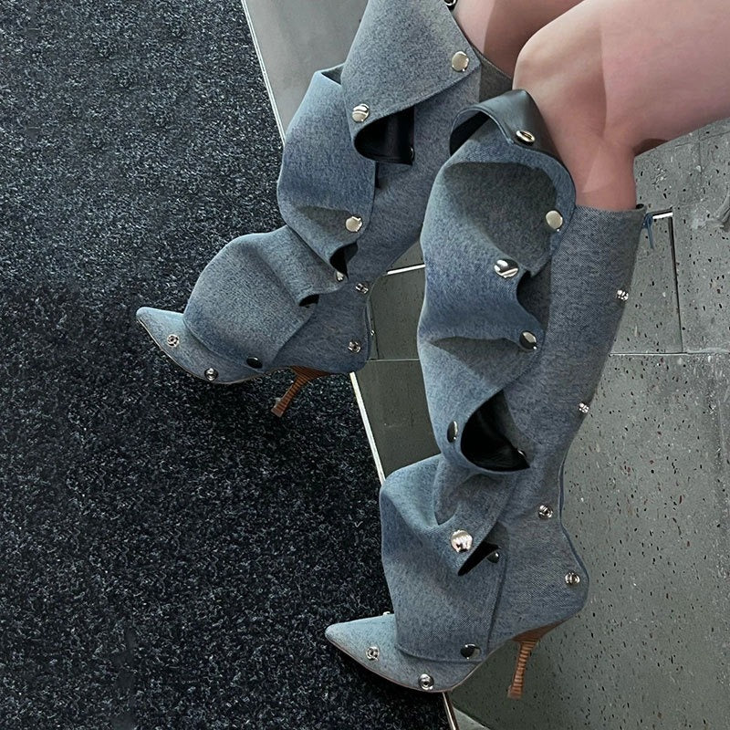 Studded Pleated Cowboy Knee-High Boots