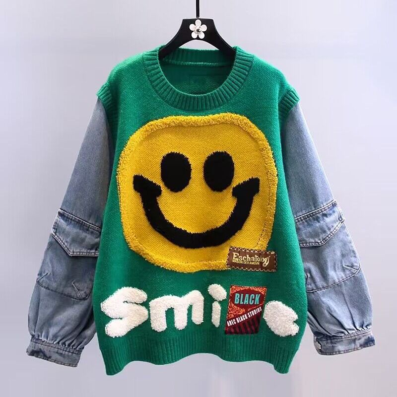 Smile Denim Sleeve Patchwork Sweater