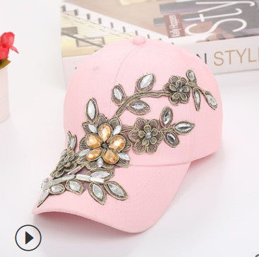 Women's Rhinestone Flower Denim Baseball Cap