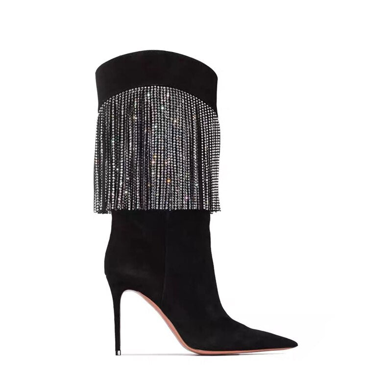 Black Rhinestone Tassel Suede Stiletto Boots