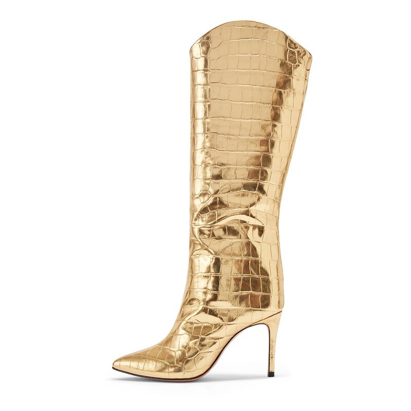Gold Pointed Toe Stiletto Boots
