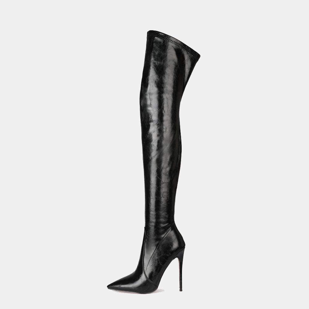 Black Pointed-Toe Stiletto Over-the-Knee Boots