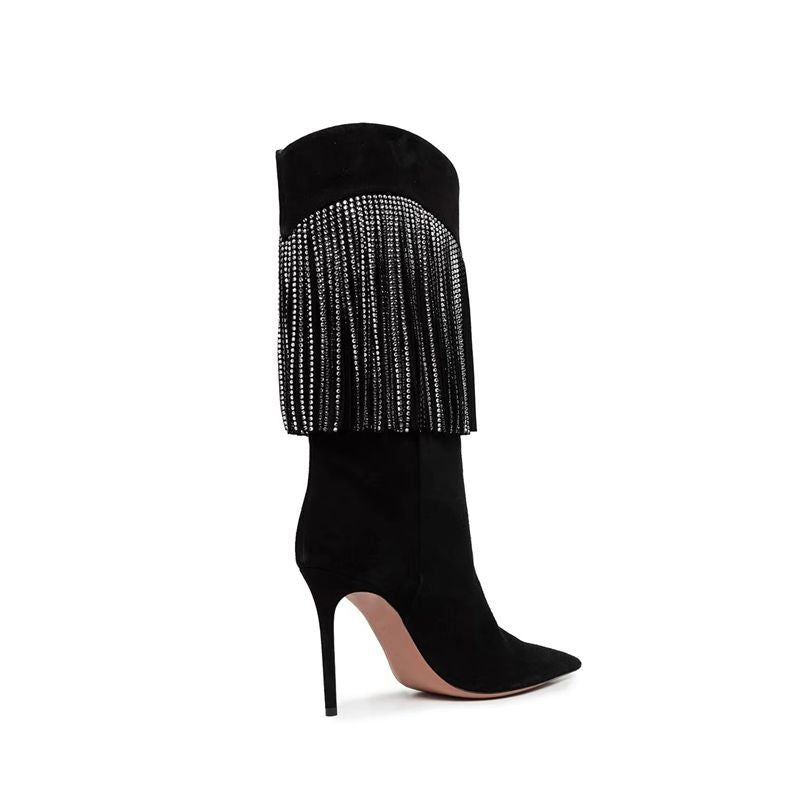 Black Rhinestone Tassel Suede Stiletto Boots