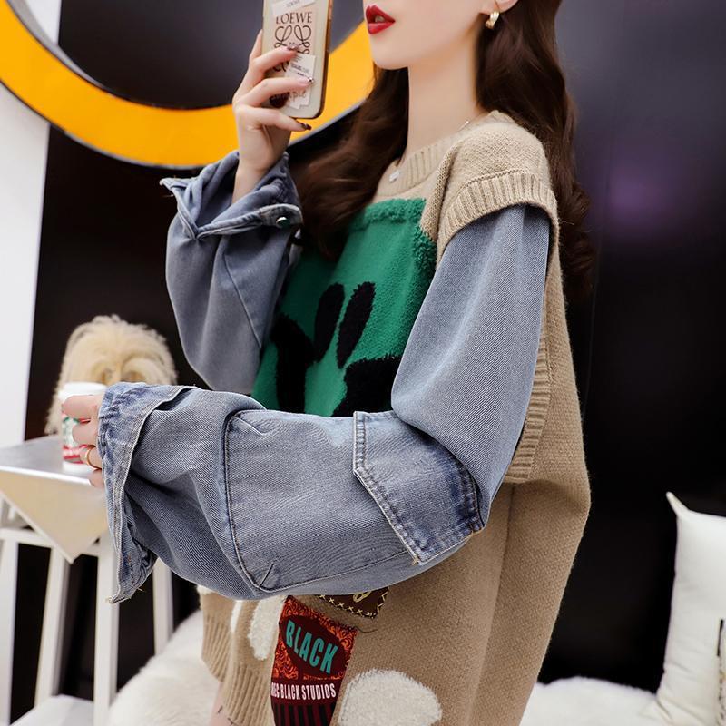 Smile Denim Sleeve Patchwork Sweater