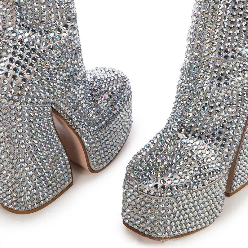 Silver Rhinestone Platform Ankle Boots – Sapphire Style