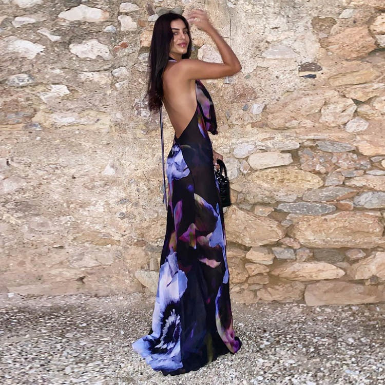 Midnight Bloom Backless Maxi Dress