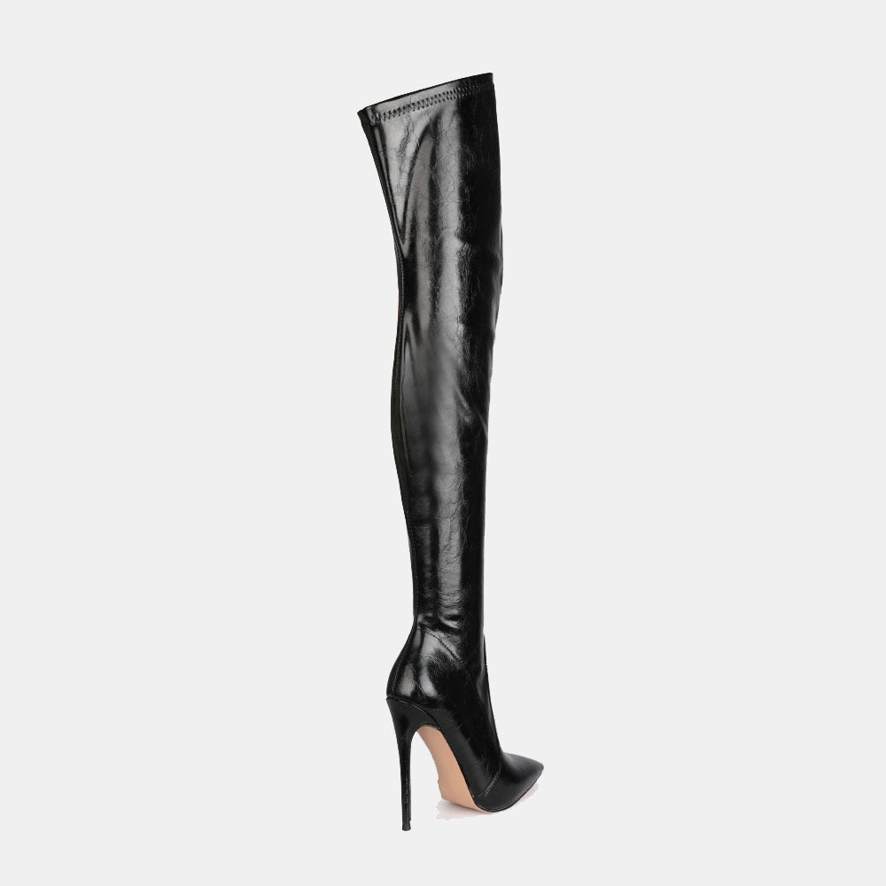 Black Pointed-Toe Stiletto Over-the-Knee Boots
