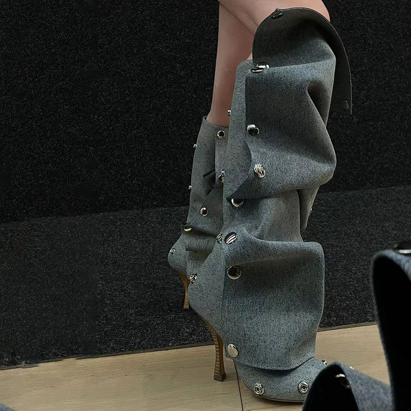 Studded Pleated Cowboy Knee-High Boots