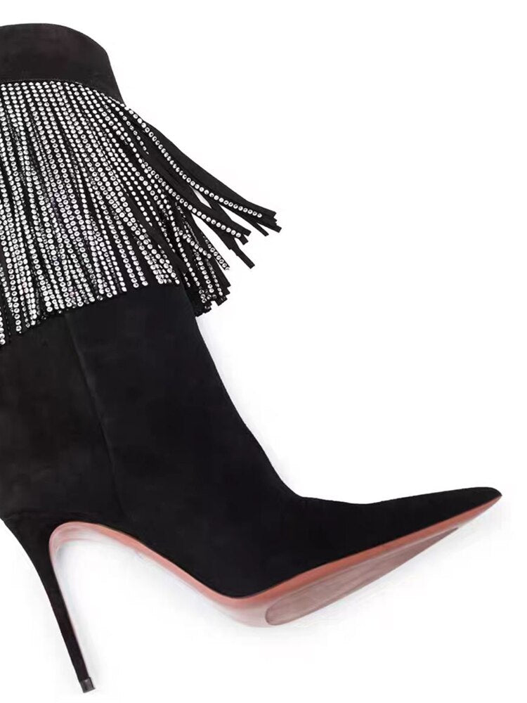 Black Rhinestone Tassel Suede Stiletto Boots