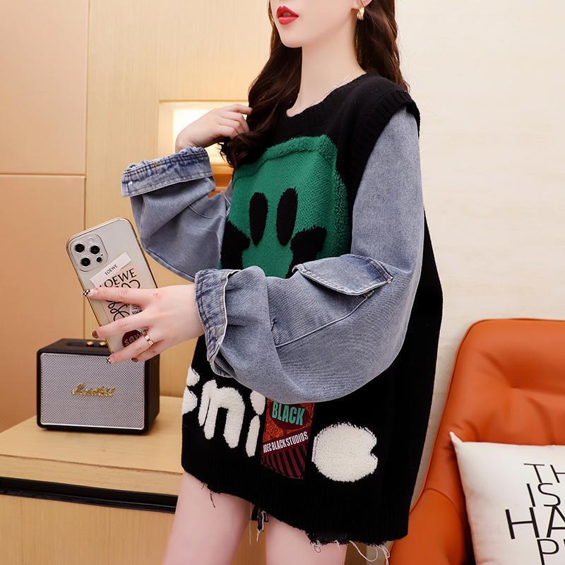 Smile Denim Sleeve Patchwork Sweater
