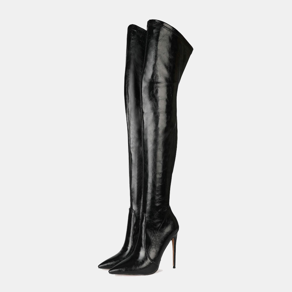 Black Pointed-Toe Stiletto Over-the-Knee Boots