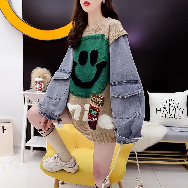 Smile Denim Sleeve Patchwork Sweater