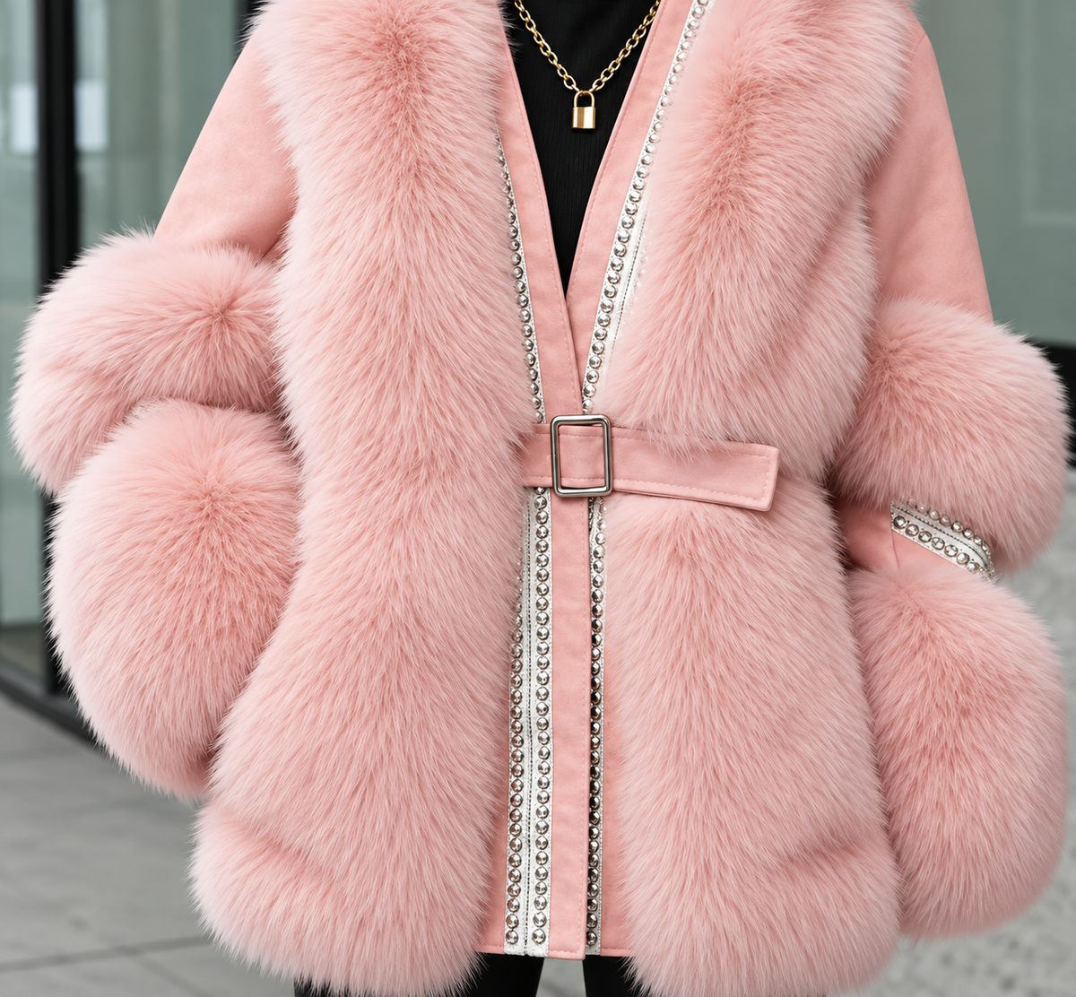 Women's Elegant Belted Faux Fur Coat