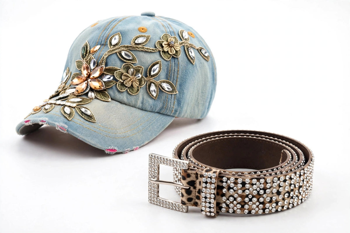Rhinestone Cap & Statement Belt Set