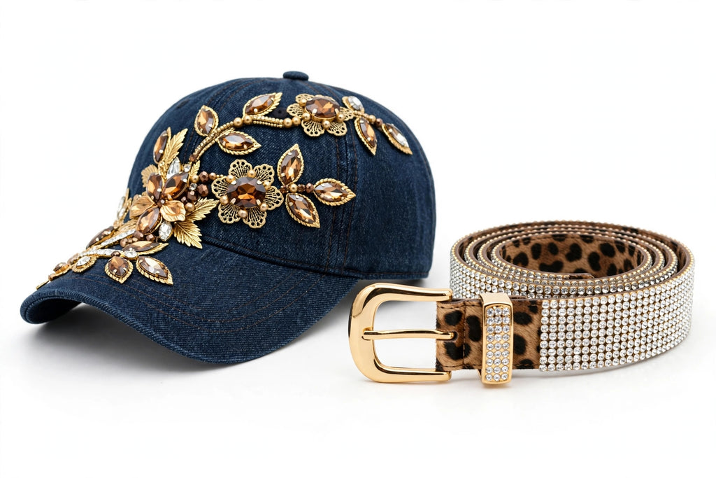 Rhinestone Cap & Statement Belt Set