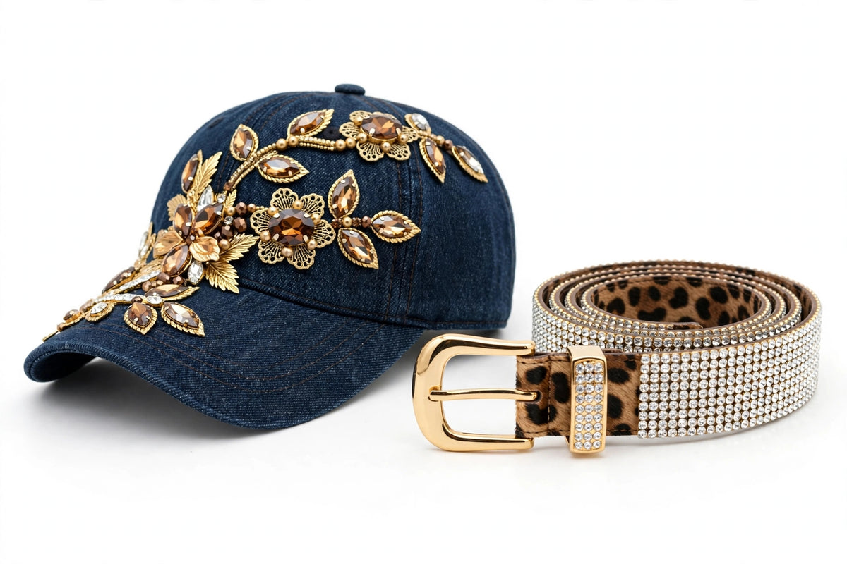 Rhinestone Cap & Statement Belt Set