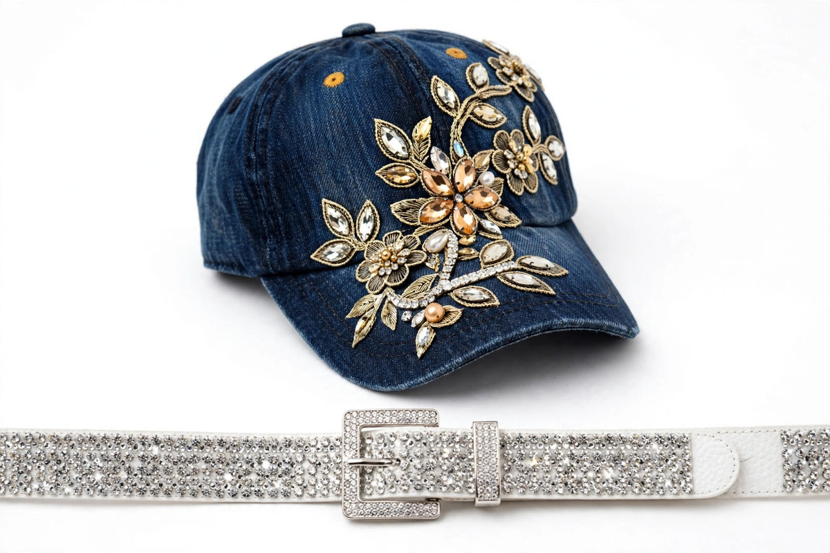 Rhinestone Cap & Statement Belt Set