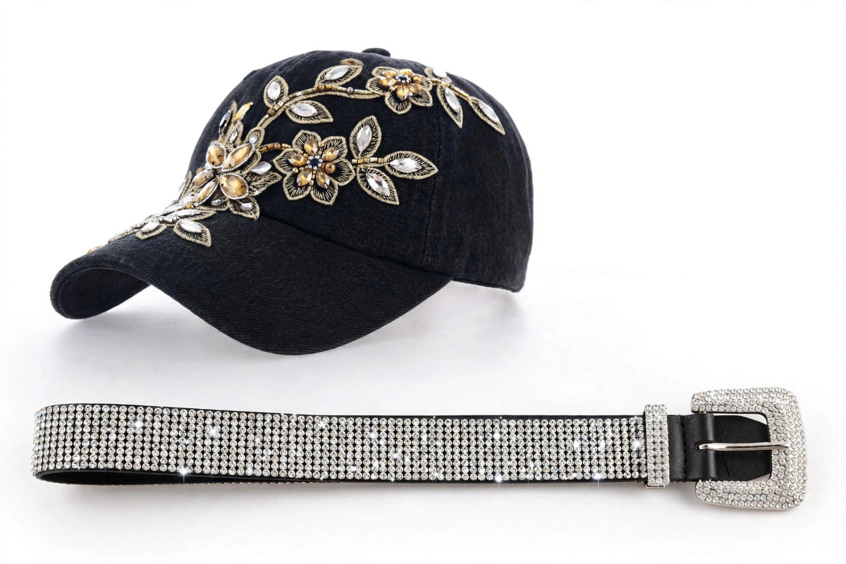 Rhinestone Cap & Statement Belt Set