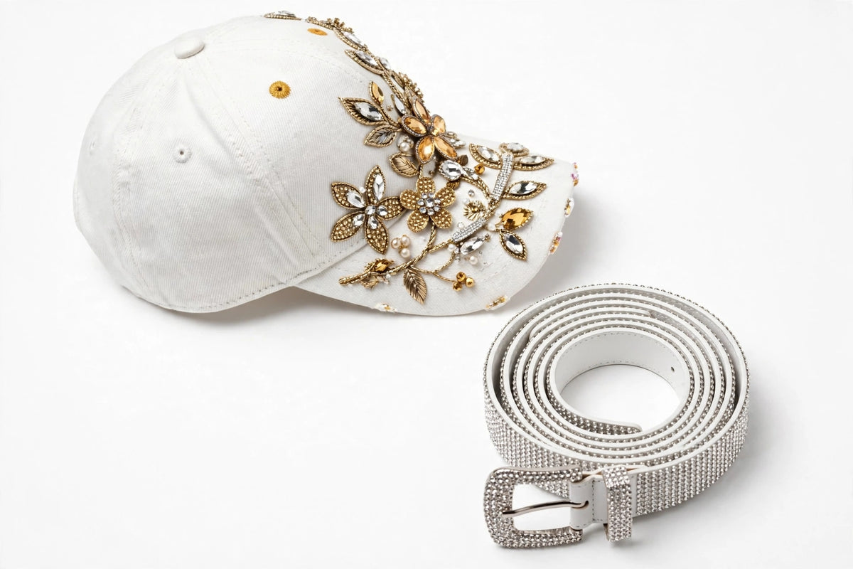 Rhinestone Cap & Statement Belt Set