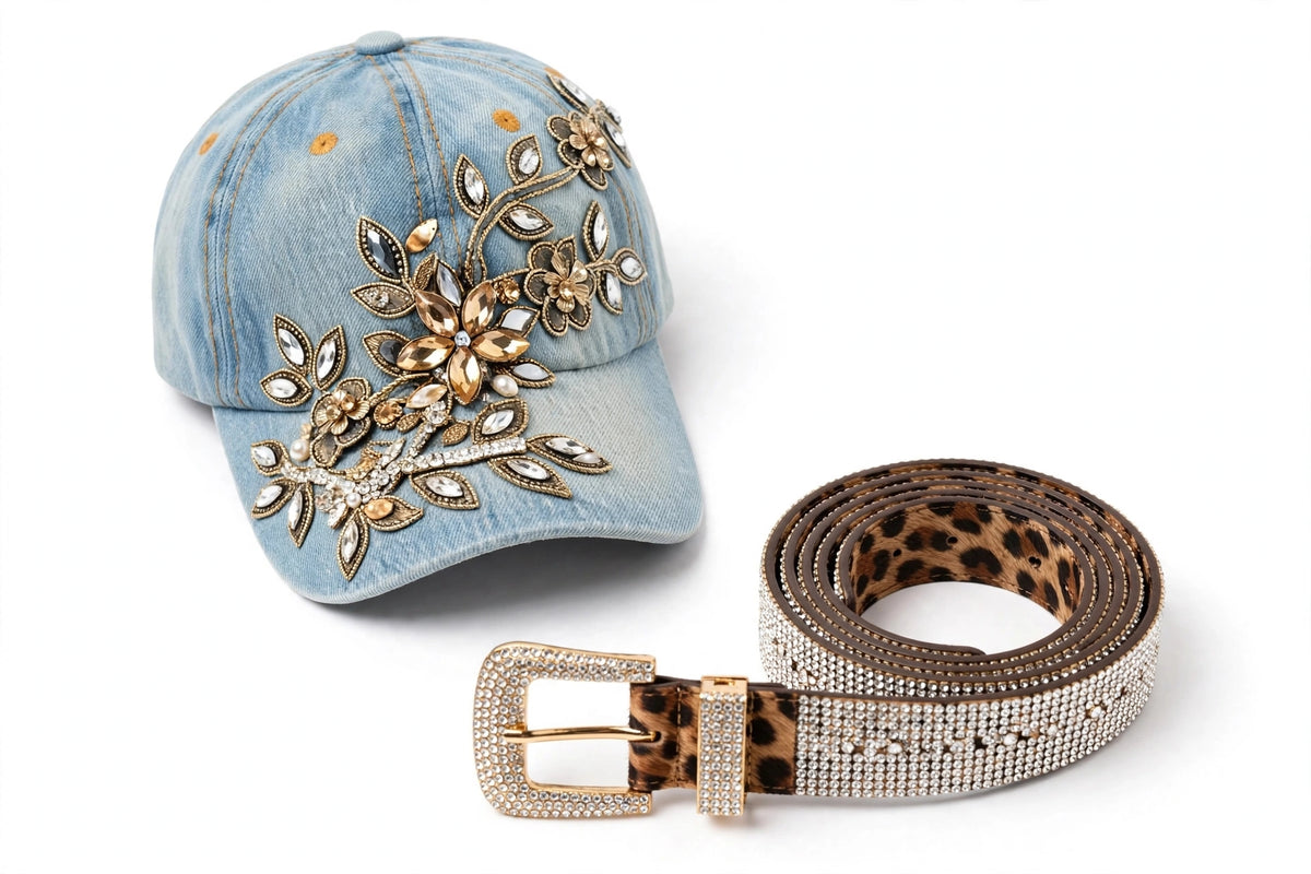 Rhinestone Cap & Statement Belt Set